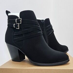 Women Size 10 Black Ankle Boots Almond Toe 3" heel Chunky Stacked Heels Bootie